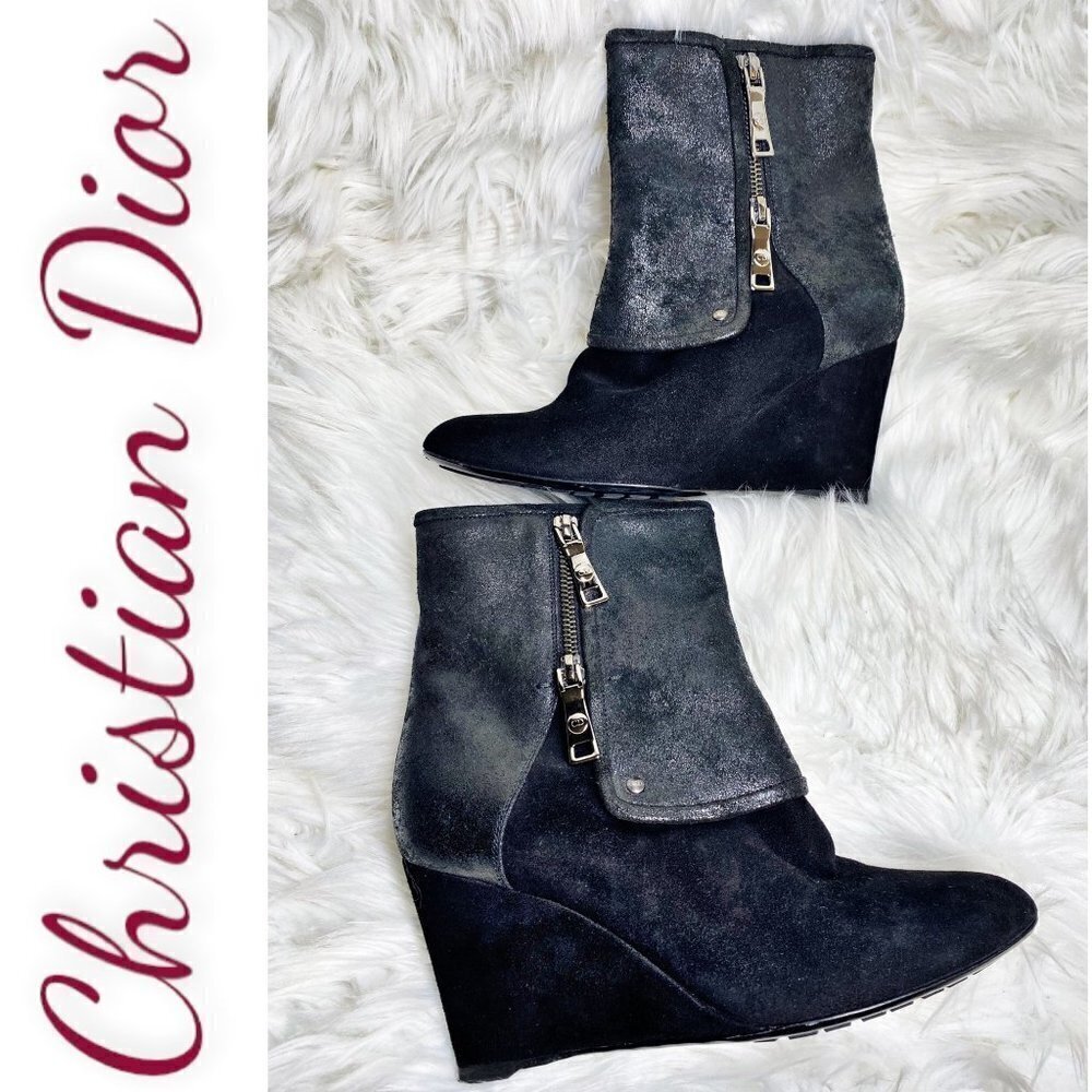 Christian Dior Metallic Black Suede Wedge Platform Ankle Boots, Size 9.5